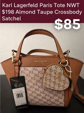 Karl Lagerfeld Tan & Beige Monogram Satchel with Heart Charm